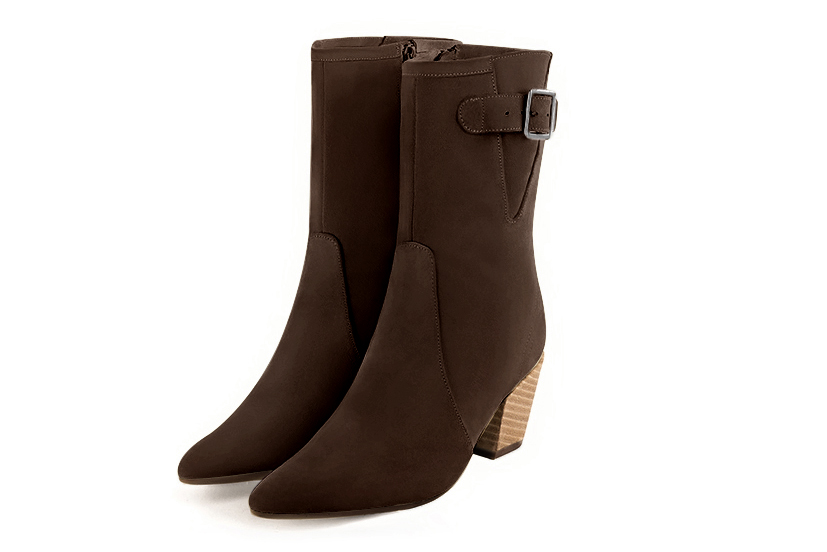 Dark brown women's ankle boots with a zip on the inside. Tapered toe. Medium cone heels. Front view - Florence KOOIJMAN